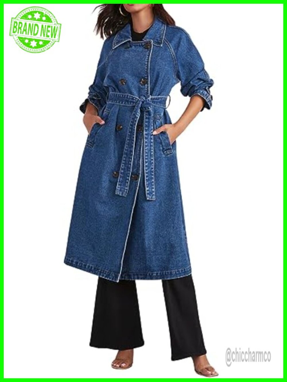Double Breasted Long Denim Trench Coat Belted Jean Jacket Duster